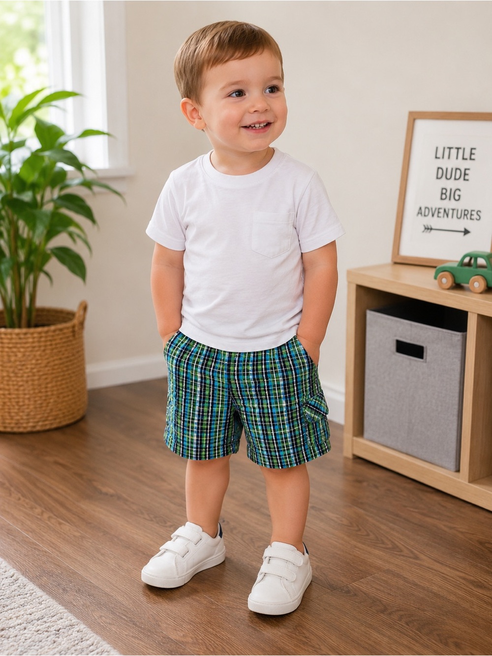 Toddler Boys Plaid Pull-On Shorts Size 2T Blue Green Cotton Summer Shorts